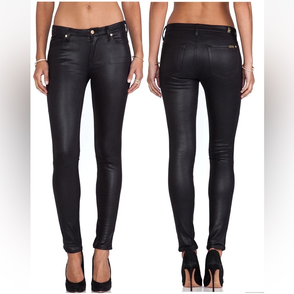7FAM Black Crackle Stretch Faux Leather Skinny Jeans